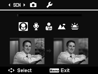 Setting the Scene Mode By simply selecting one of the following 27 modes, you can capture the image with the most appropriate settings. 1. Turn the Mode dial to icon SCN. 2. Press to launch the Record Menu.