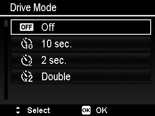 Setting the Drive Mode Your camera features a Self-timer and Burst which can be set in the Drive mode function in the Record Menu. The Self-timer allows you to take images after a pre-defined delay.
