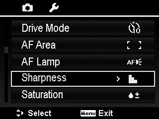 To set AF Lamp 1. From the Record menu, select AF Lamp. 2. Use the or keys to go through the selection. 3. Press the OK button to save and apply changes.