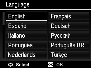 Setting Language Specify in which language menus and messages are to be displayed on the LCD monitor. 1. Use the navigation control to scroll through the list and select the desired language. 2.
