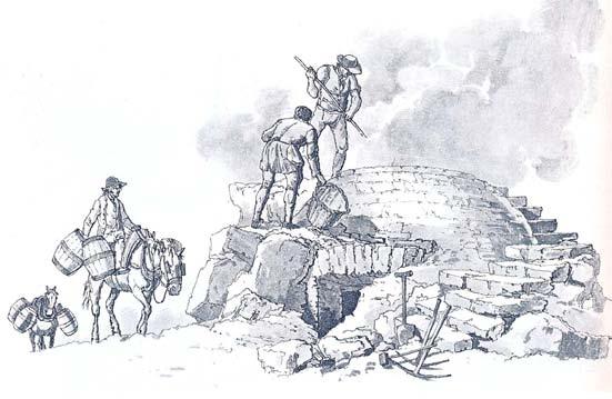 Fig. 4. Lime burners at work firing a flare kiln (1804).