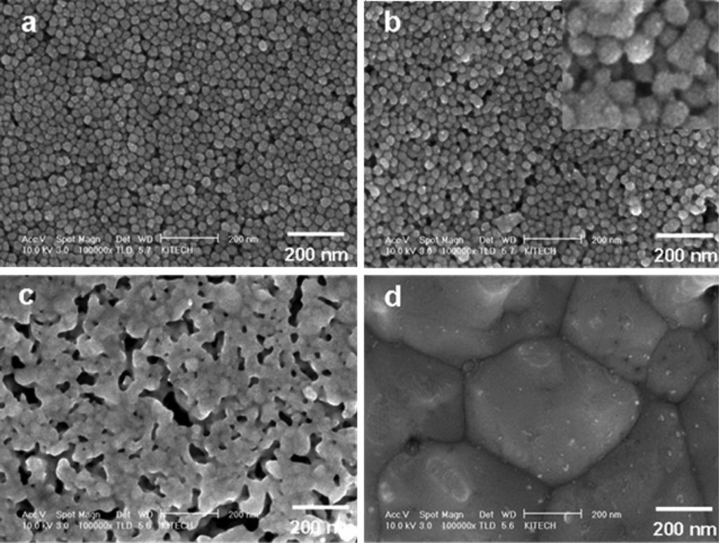54=[346] D. Kim et al. FIGURE 7 SEM images for the Ag nano particle films as a function of heat-treatment temperatures: the films heat-treated at (a) 100 C, (b) 140 C, (c) 200 C, and (d) 300 C.