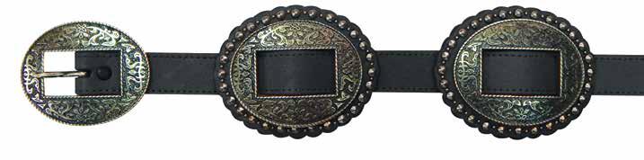 LADIES BELTS 9801300 : 1 1/2" distressed sanded leather, antique turquoise and burgundy cut outs, buckle in antique nickel finish.