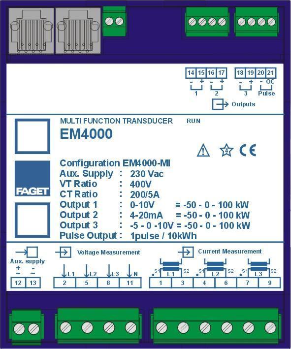 3 - Connecting and mounting The wiring diagram is placed at the side of the transducer. This indicates how to connect the EM4000ACF to the peripherals.