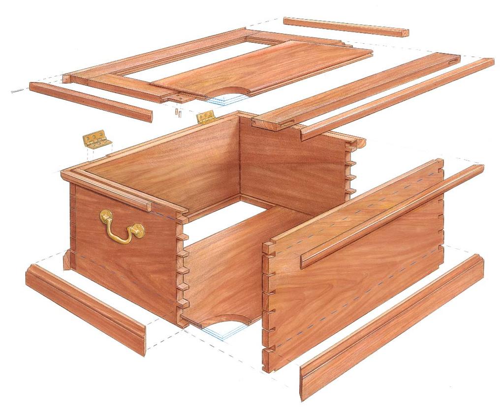 A COMFORTABLE HOME FOR TOOLS Made of cherry and constructed entirely with hand tools, the tool chest incorporates dovetail joinery, frame-and-panel construction, and applied molding. Lid rails, 4 in.