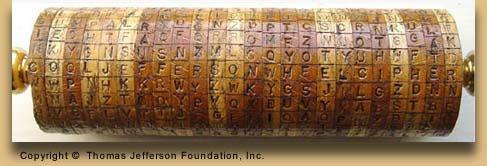 In the late-1790s, Thomas Jefferson built a polyalphabetic substitution wheel cipher machine [Fig. 3]. The wheel consists of 26 wooden disks threaded onto a spindle.