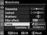 A Filter Effects (Efecte filtru) (doar Monochrome (Monocrom)) Opţiunile din acest meniu simulează efectul filtrelor color asupra fotografiilor monocrome.