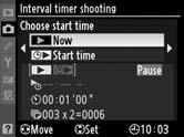 Oprirea temporară a fotografierii cu contor interval Fotografierea cu contor interval poate fi oprită prin: Apăsarea butonului J între intervale Evidenţiarea Start (Pornire) > Pause (Pauză) în meniul