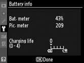 Battery Info (Info acumulator) Vizualizaţi informaţiile privind acumulatorul introdus curent în aparatul foto. Element Bat. meter (Contor baterie) Pic.
