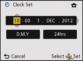 Press [MENU/SET]. Press 2/1 to select the items (year, month, day, hour, minute, display sequence or time display format), and press 3/4 to set.