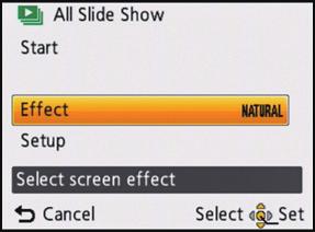 Playback/Editing Changing the slide show settings You can change the settings for Slide Show Playback by selecting [Effect] or [Setup] on the slide show menu screen.