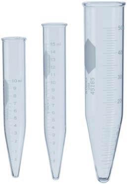 5 0 to 2 - ±0.2 29 x 118 12 Above 2 to 10-0.3 10-50 in 1 Above 10-0.5 45186 Reusable Beaded Top Centrifuge Tubes, Graduated with with White Scales Standard taper KIMAX tube.