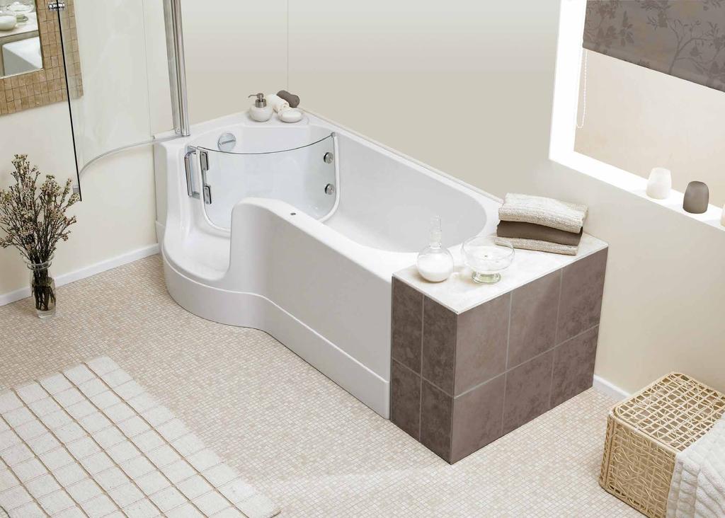The Valens easy access bath Fully formed acrylic bath tub with a separate operating glass door and bath screen Easy twist pop up bath waste or overflow fill (optional) Battery back up in case