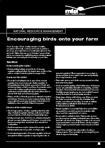 pdf Encouraging birds on your farm - Tips and Tools Factsheet (August 2005) Meat and Livestock Australia Level 1, 165 Walker St, North Sydney, NSW, 2060.
