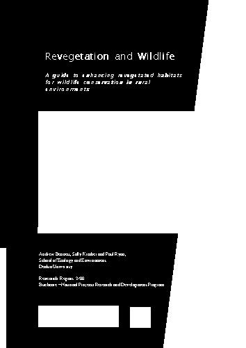 au Format: PDF / Book Publishing Date: 2000 ISBN: 0642547122 Discusses the ecological approach to revegetation in rural landscapes and wildlife habitat requirements, and how to enhance the value of