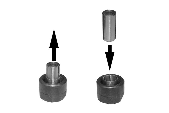 Insert new bit and tighten collet nut, release spindle lock. NOTE: At least 3/4 of the bit shank should be located inside the collet.
