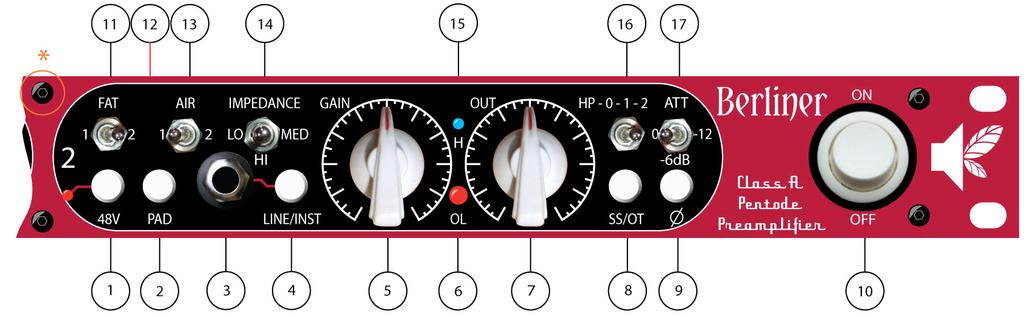 BERLINER S FRONT PANEL CONTROLS: 1 Phantom power switch with the corresponding light. Berliner s soft phantom circuit eliminates the annoying audible crack with MOST microphones.