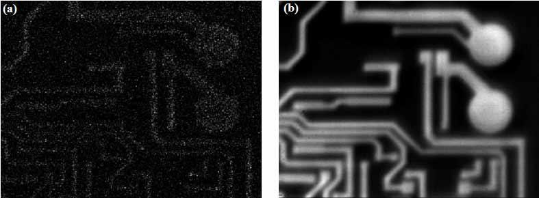 Fig. 7. FF-OCT images of a mask for photolithography acquired simultaneously in the 0.8 µm wavelength region with the Si camera (a) and in the 1.