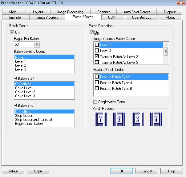 Batch/Patch tab The Batch/Patch tab provides batch and patch functionality. Batching is the operation of counting pages or documents. The Patch tab provides choices of what patch type to recognize.