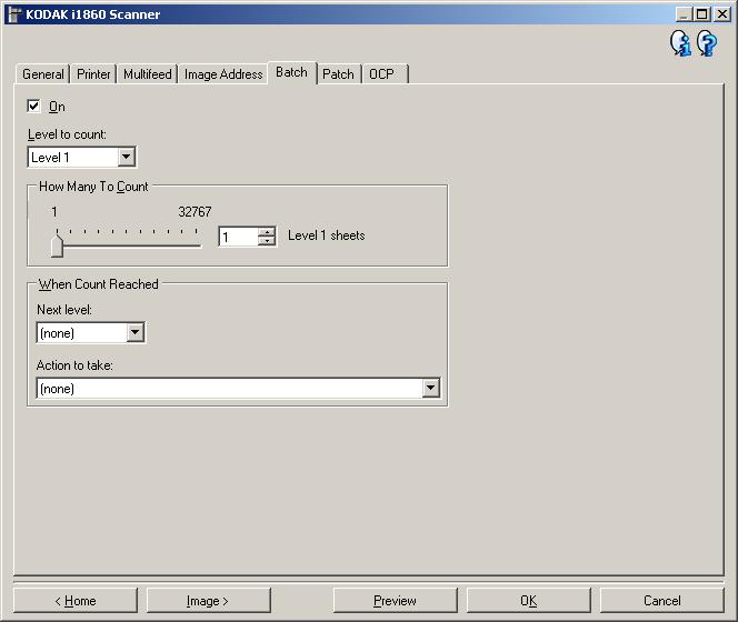 Device - Batch tab Batching is the operation of counting pages or documents. NOTE: This tab is only available when the scanner is in Image Address mode.
