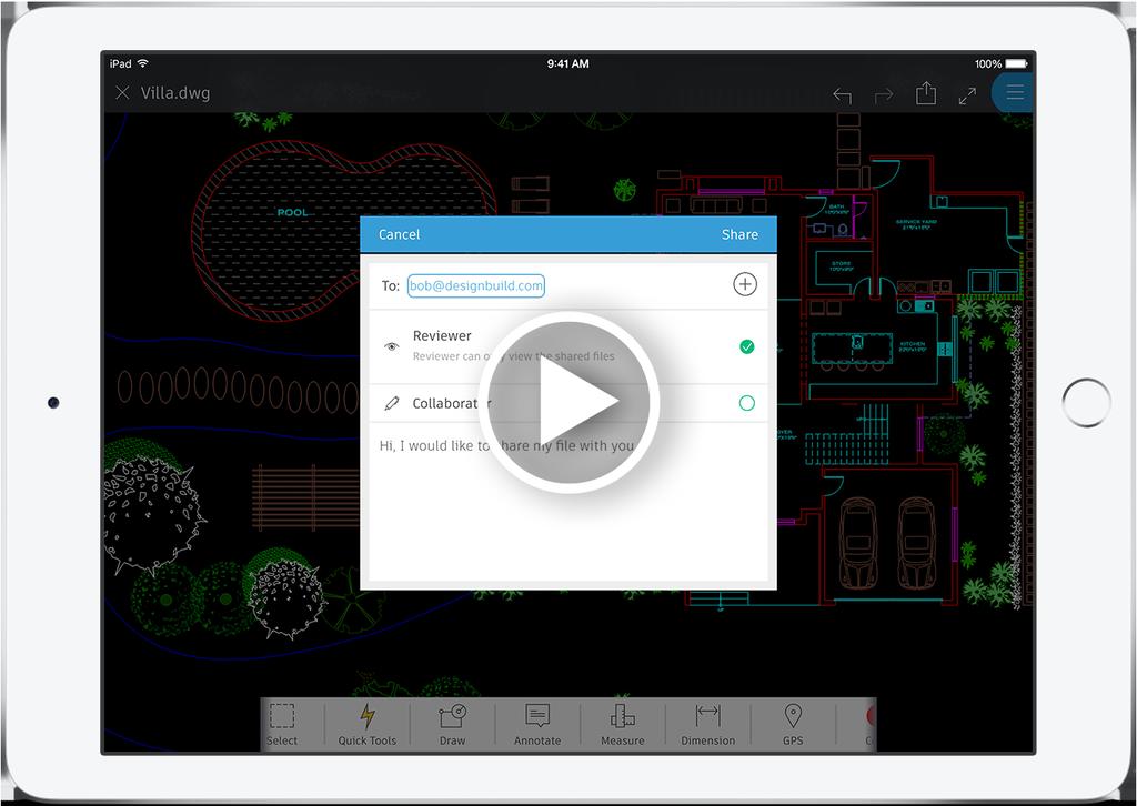Sharing drawings The AutoCAD mobile app makes it simple to share drawings with clients and colleagues even those who don t have AutoCAD experience.