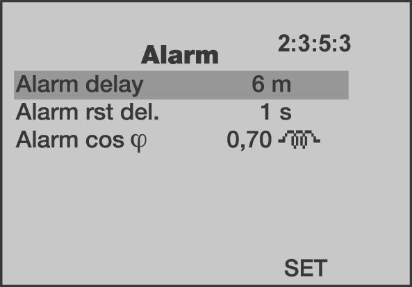 Alarm: alarm relay parameters can be set for the Alarm cos ϕ condition: The Alarm cos ϕ condition is fulfilled when: all the capacitor steps are ON and the actual cos ϕ value is below the alarm cos ϕ