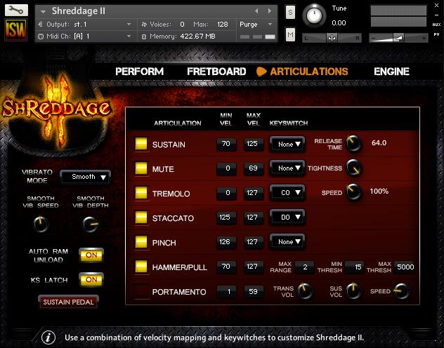 Articulations Page Vibrato Mode: Switches between four vibrato types: Fingered Light, Fingered Heavy, Whammy, and Smooth (artificial vibrato generated by Kontakt).