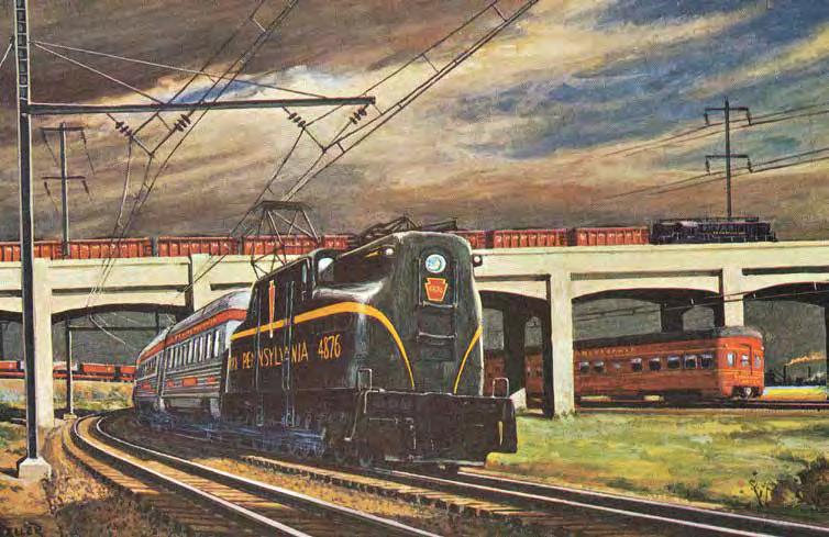 Above: Partners in Progress shows the Pennsylvania Railroad s southbound Congressional passing the Broadway Limited at Morrisville, Pennsylvania, as a freight train crosses overhead.