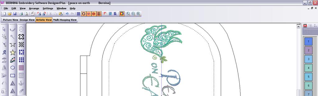 Embroidery Combining Designs The Large Tote features two designs, combined for embroidery: Open BERNINA Embroidery Software. Select File, Open, Design #CC88346 (Peace on Earth).