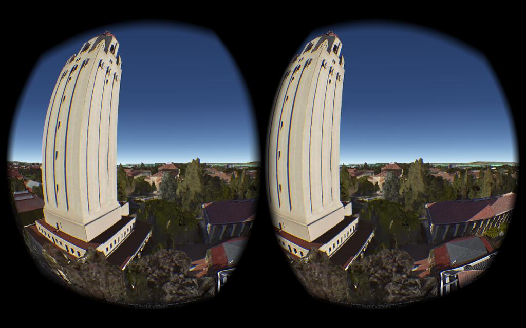 Figure 5. Stereo view created for Oculus display. Figure 6. A view showing the overlay of planned look-from (red) and look-at (blue) curve.
