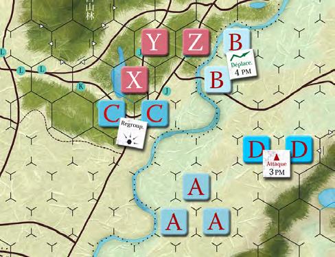 8 Example 7.2.4 : It is the initiative phase. In this example, the blue army has four Clans in the area: A, B, C and D.