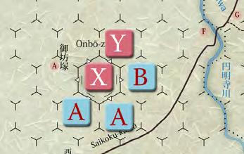 Les possibilités sont : Y1 et Y2 attaquent A, et X attaque B ; Y1 et X attaquent A, et Y2 attaque B ; Y1 attaque A, et Y2 et X attaque B. These units must attack all enemy units in their ZoC.