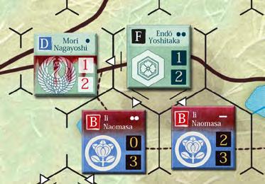 As Clan F is in Defense, its unit performs a Yari Fusuma (closed ranks). Thus, F receives the Firepower modifier as well, and the unit of B in Shingeki receives a -1 as per the Terrain Effect Chart.