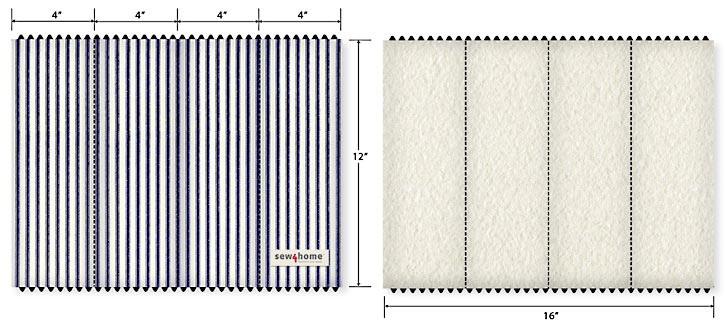 ½ yard of 44-45" wide cotton ticking or similar; we used a classic navy stripe ½ yard of 45"+ soft fleece or similar; we used winter white 1 package of jumbo rick rack in navy: this is optional, as