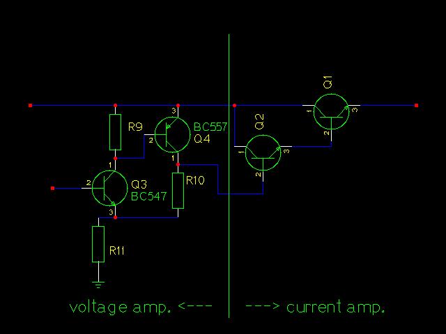 For 30V output we must at least amplify the 5V from the DAC by a factor of 6. For this we combine a PNP and an NPN transistor as shown below.