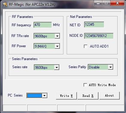 APC220 tootja Apcon Electronics poolt on kaasas väiksemahuline juhtprogramm, mis lubab muuta mooduli töö konfiguratsiooni.
