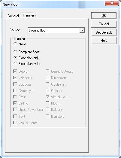 6. The selection boxes available in this tab enable you to specify the Source to copy from together with what we will copy to the new floor. The options to transfer are: a.