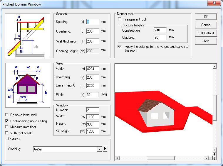 12. The Dormer Window dialogue box is very similar to the Simple Roof Editor in that it contains a series of variables to change the pitch and overhang of the dormer roof.