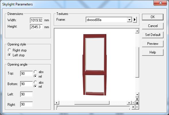 6. The right hand pane of the dialogue box shows the 3D preview of the chosen window. 7. In addition, on the left we can change the dimensions of the Skylight prior to placing it into our roof.