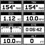 CDI, bearing (BRG), estimated time en-route (ETE), and ground speed (GS) are on the