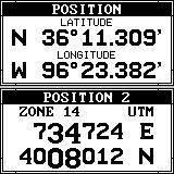 Group F - Status Only This group shows your present position (POSI- TION) in latitude/longitude at the top of the screen, and in UTM at the bottom.