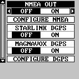 Once the cables are wired, turn the unit on, press the menu key, and select NMEA / DGPS CONFIG from the System Setup menu. A screen similar to the one at right appears.