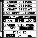Next, select CHART RANGE from the "SONAR OPTIONS" menu. Simply press the right or left arrow keys to select a different range. Press the left or right arrow keys to decrease or increase the range.