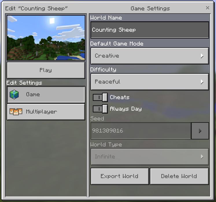 Clicking on the tools next to the name of your world will allow you to see some options about the world. I have changed the World Name and I could change from Creative to Survival mode if I wished.