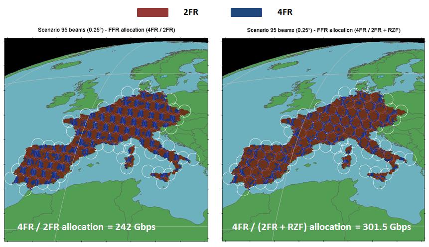 Figure 109 Scenario 95 beams FFR and FFR+LP allocation map Concerning FFR+LP, 4FR points are, this time, rather distributed at the edge of each beam (not following 2FR pattern as in FFR case),