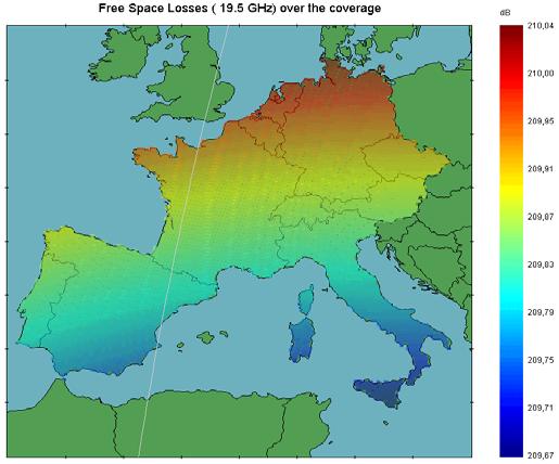 Figure 28 Free Space Losses at 19.5 GHz over the coverage area 3. Receive Performances The power received at reception from the satellite has been characterized in the previous section.