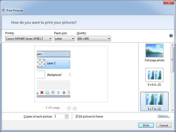 Printing Click File > Print to get to the Print Pictures dialog. You can select the printer, paper size, quality and copy count.