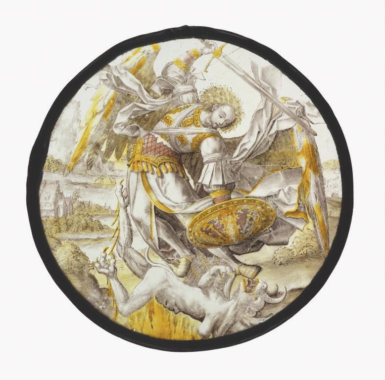 The Archangel Michael Vanquishing the Devil, colorless glass, oxide paint, and silver stain, Netherlands, c. 1530 (J. Paul Getty Museum, 2003.73) We see the very light and delicate yellow color of St.