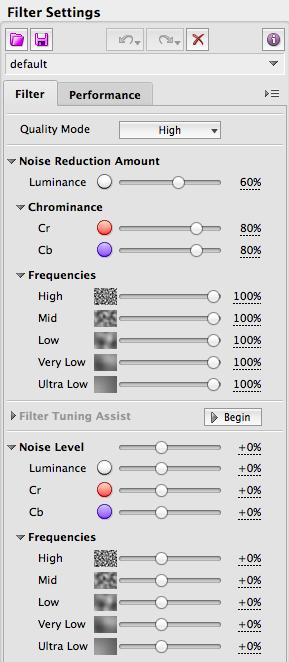 4.5.2. Advanced Mode: Adjusting filter settings There are several sections in the Filter tab. Most of the sections are related to the noise reduction filter and the last section is about sharpening.