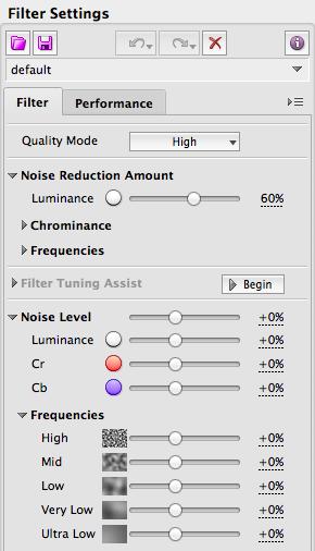 Use the Noise Level > Luminance, Cr, Cb; High, Mid, Low, Very Low, Ultra Low sliders. The noise filter is applied to the five frequency components and the three channel components of the image data.